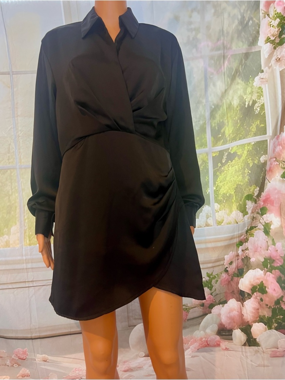 Black Long-Sleeve Draped Wrap Shirt Dress